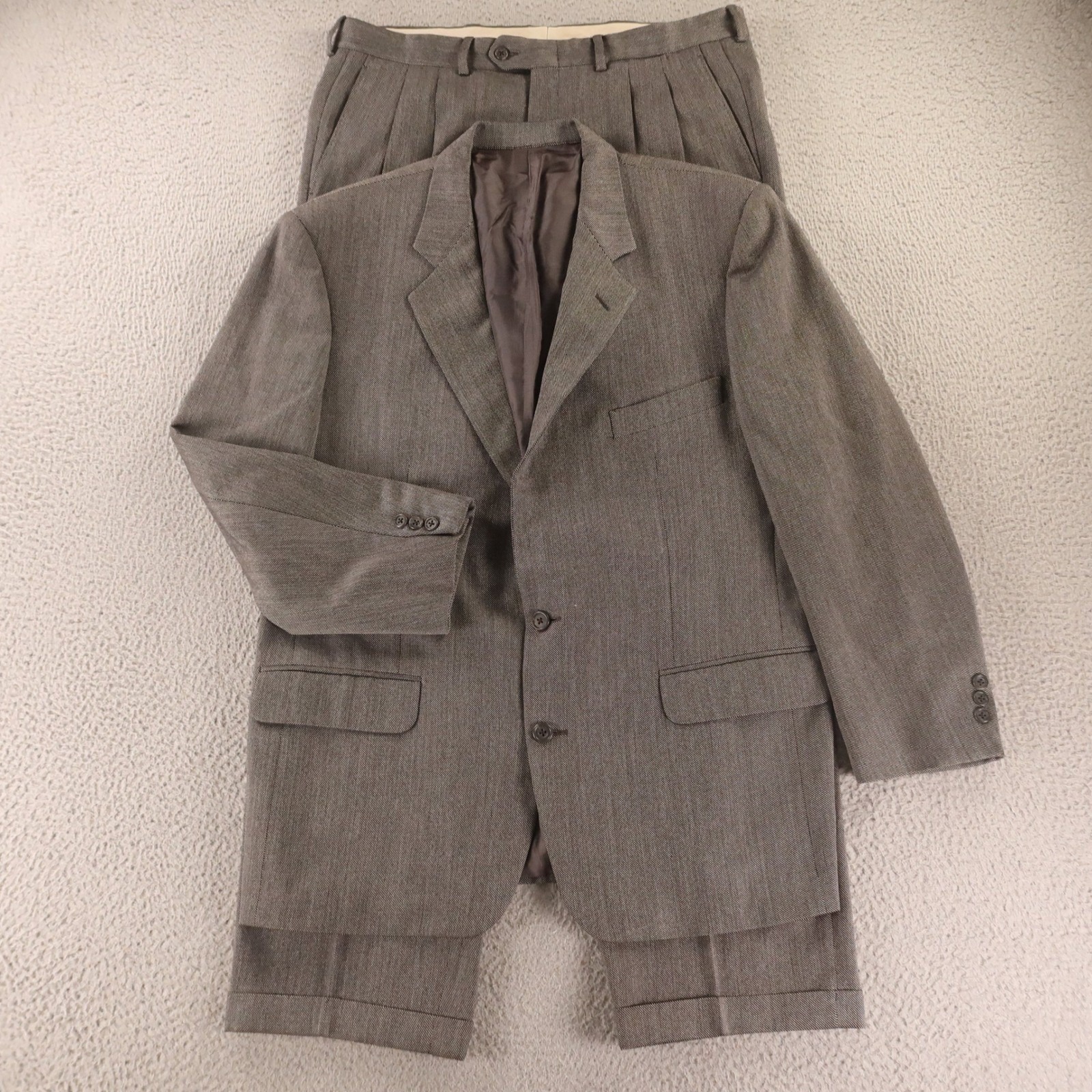 Corneliani Suit L 44r Gray Birdseye Check 100% Wool Made In Italy Pleated 36x30